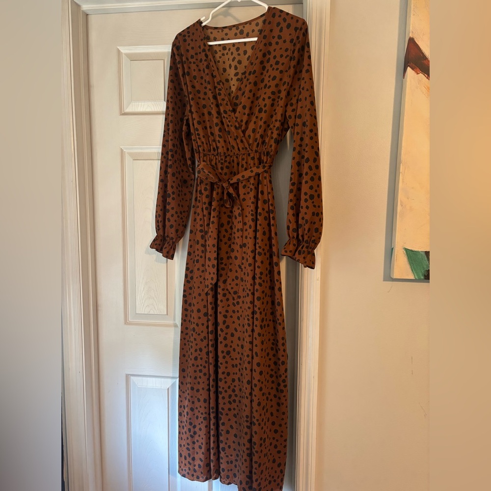 SHEIN Brown Long Sleeve Polka Dot Dress